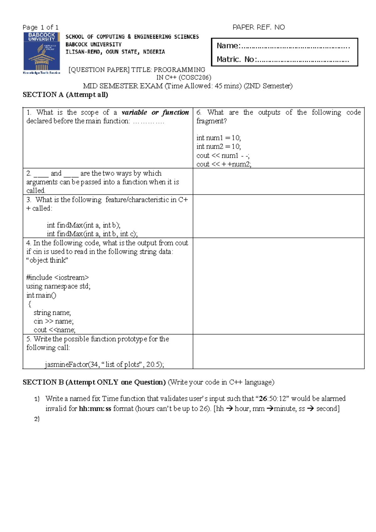 COSC206 Mid Semester Exam - Programming Concepts Quiz - Studocu