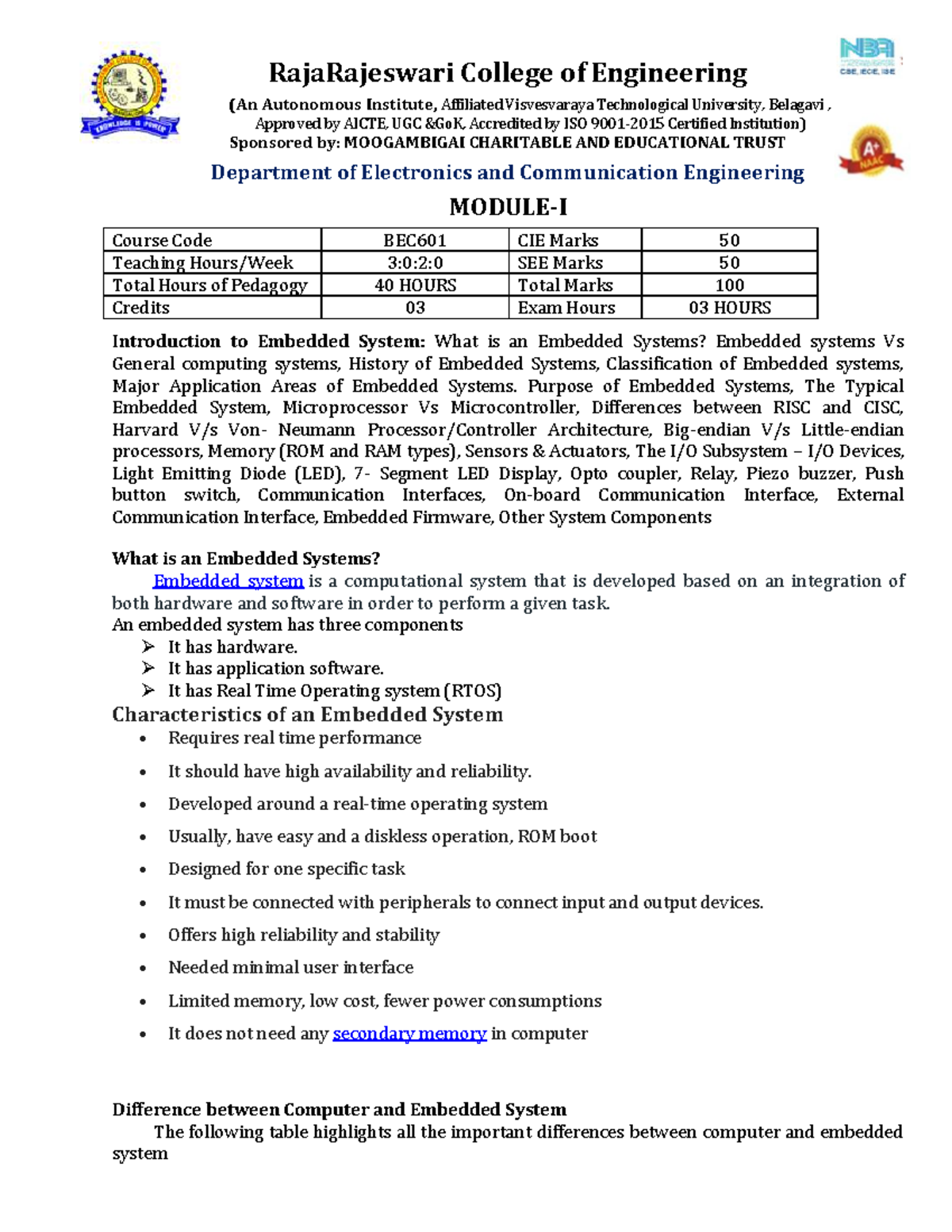BEC601 Embedded Systems: Module 1 Comprehensive Notes - Studocu