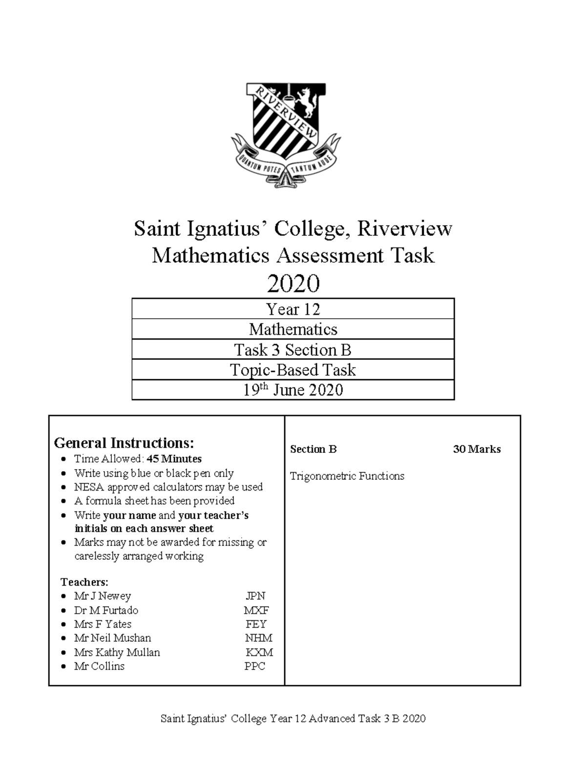 2020 Yr 12 2U Mathematics Task 3 Section B Assessment - Studocu
