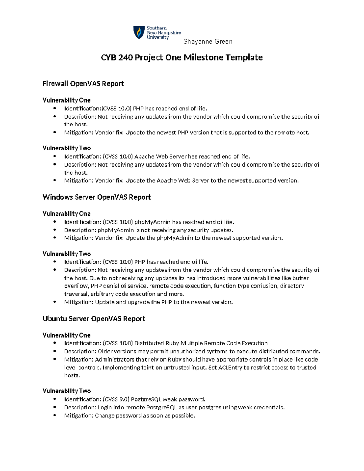 CYB 240 Project One Milestone: OpenVAS Vulnerability Assessment Report ...