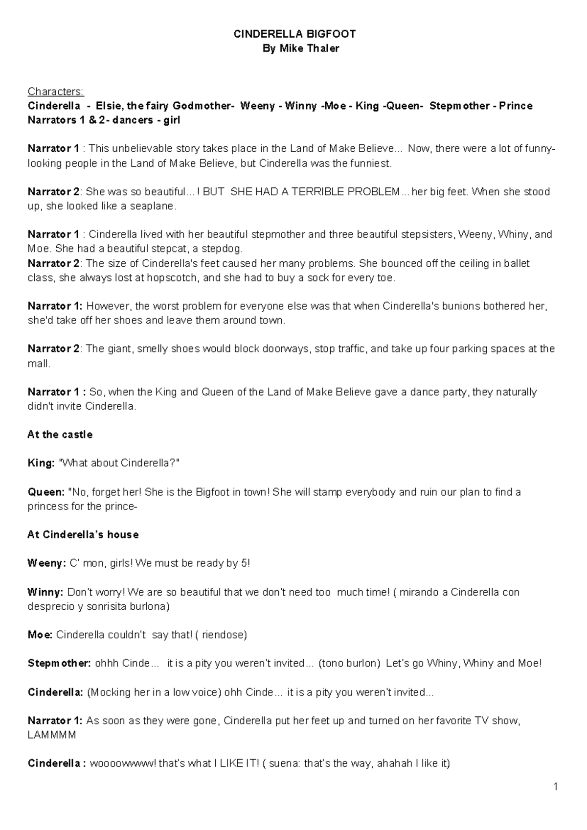 Cinderella Bigfoot - Play Script for Student Performance - Studocu