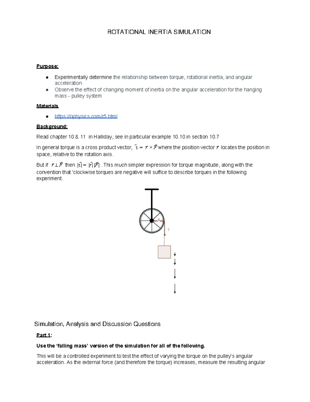 Lab #8: Rotational Inertia Simulation for Phys 121 - Fall 2020 - Studocu