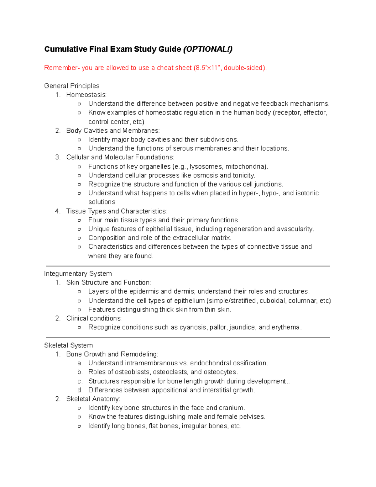 CUMULATIVE FINAL EXAM (OPTIONAL) STUDY GUIDE FOR ANATOMY 101 - Studocu