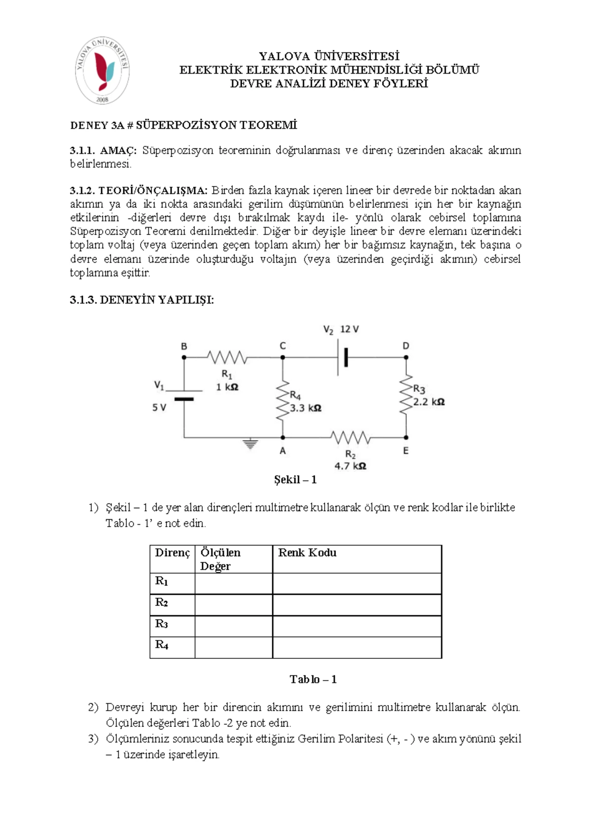 YALOVA ÜNİVERSİTESİ EEM 101 DEVRE ANALİZİ LAB I - DENEY 1 FÖYÜ - Studocu