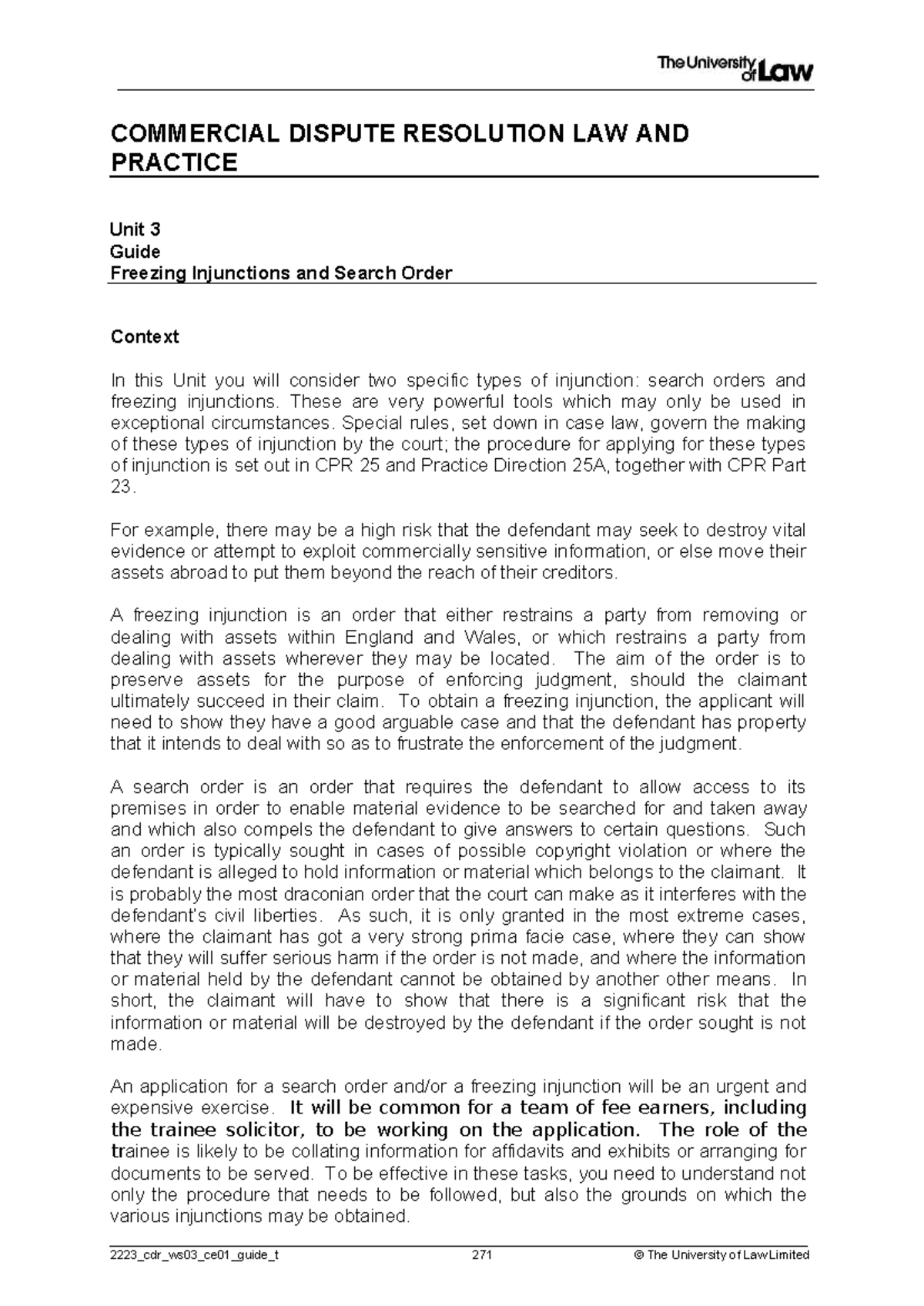 2223 CDR WS03 CE01 Unit 3 Guide: Freezing Injunctions & Search Orders ...