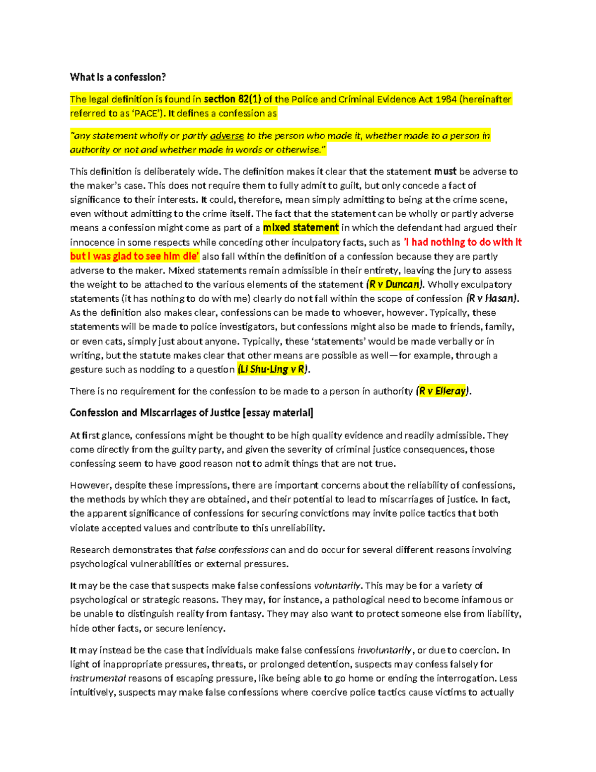 Handout on Confession: Legal Definitions & Admissibility Issues - Studocu