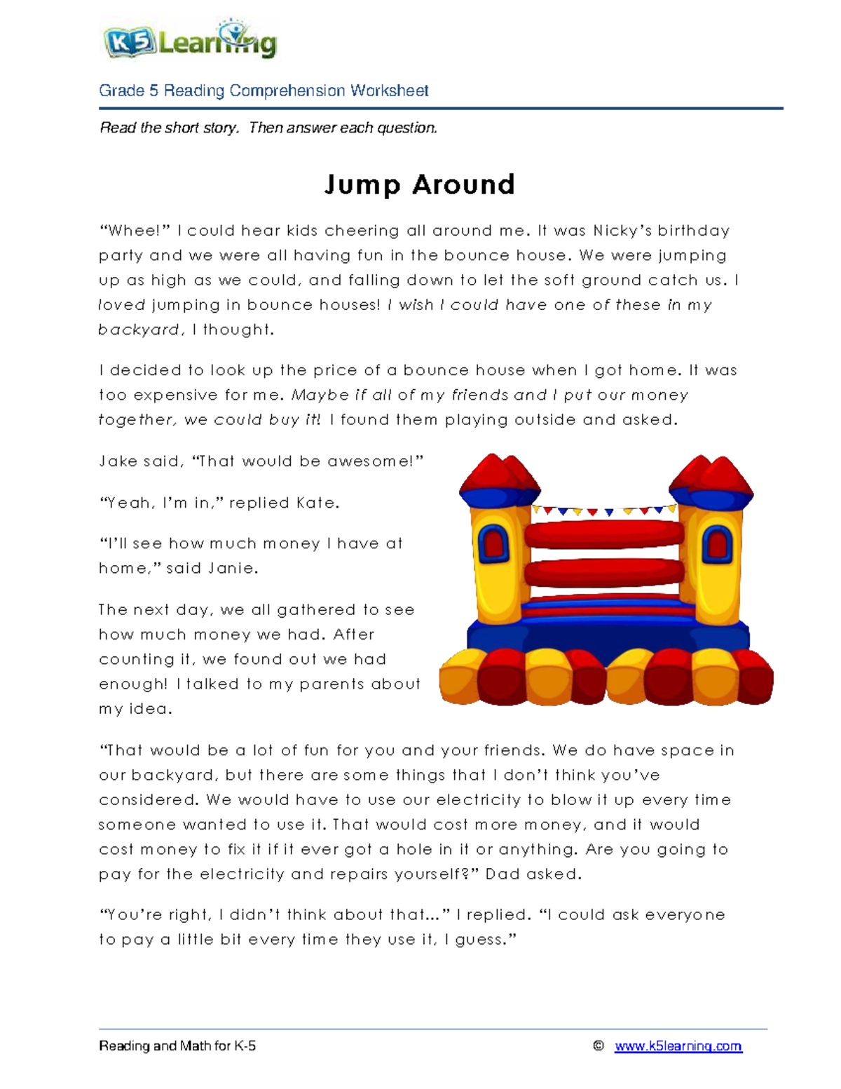 Grade 5 Reading Comprehension: Jump Around Story Worksheet - Studocu