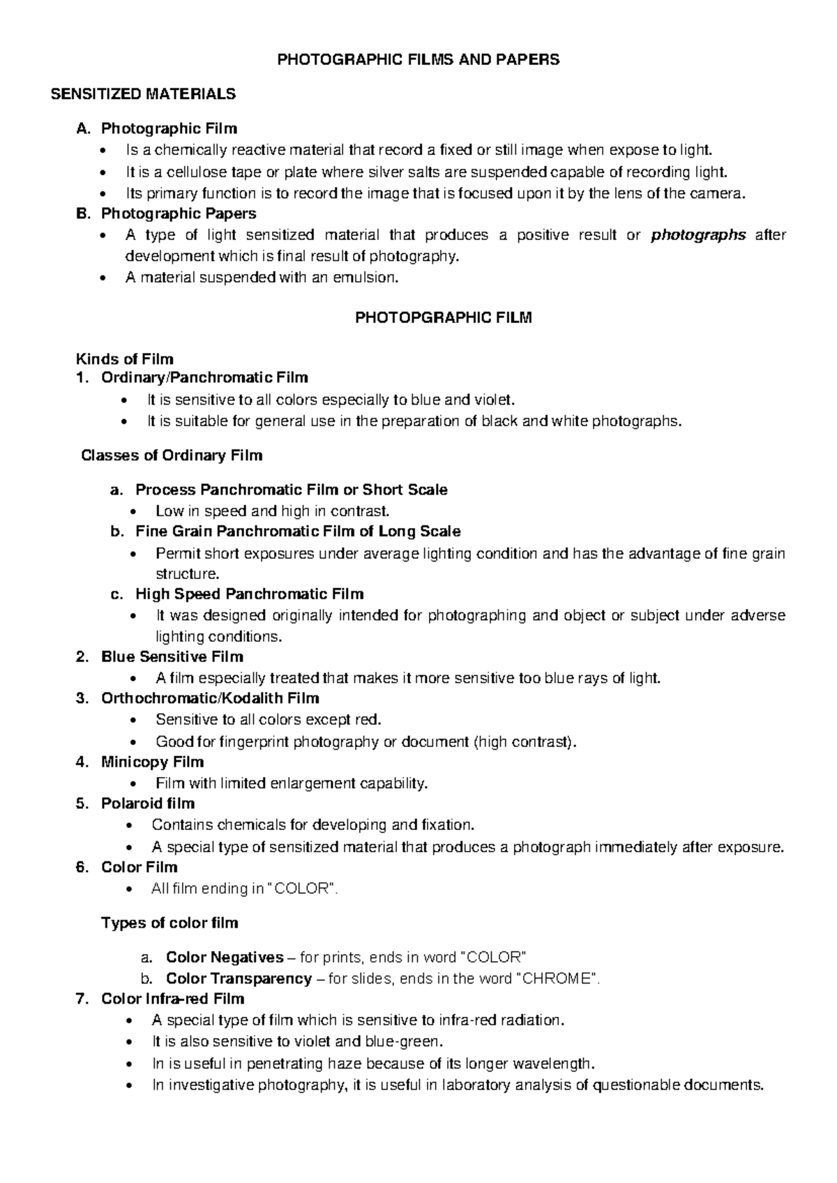 CRI 198 P2 Notes - PHOTOGRAPHIC FILMS AND PAPERS SENSITIZED MATERIALS A ...