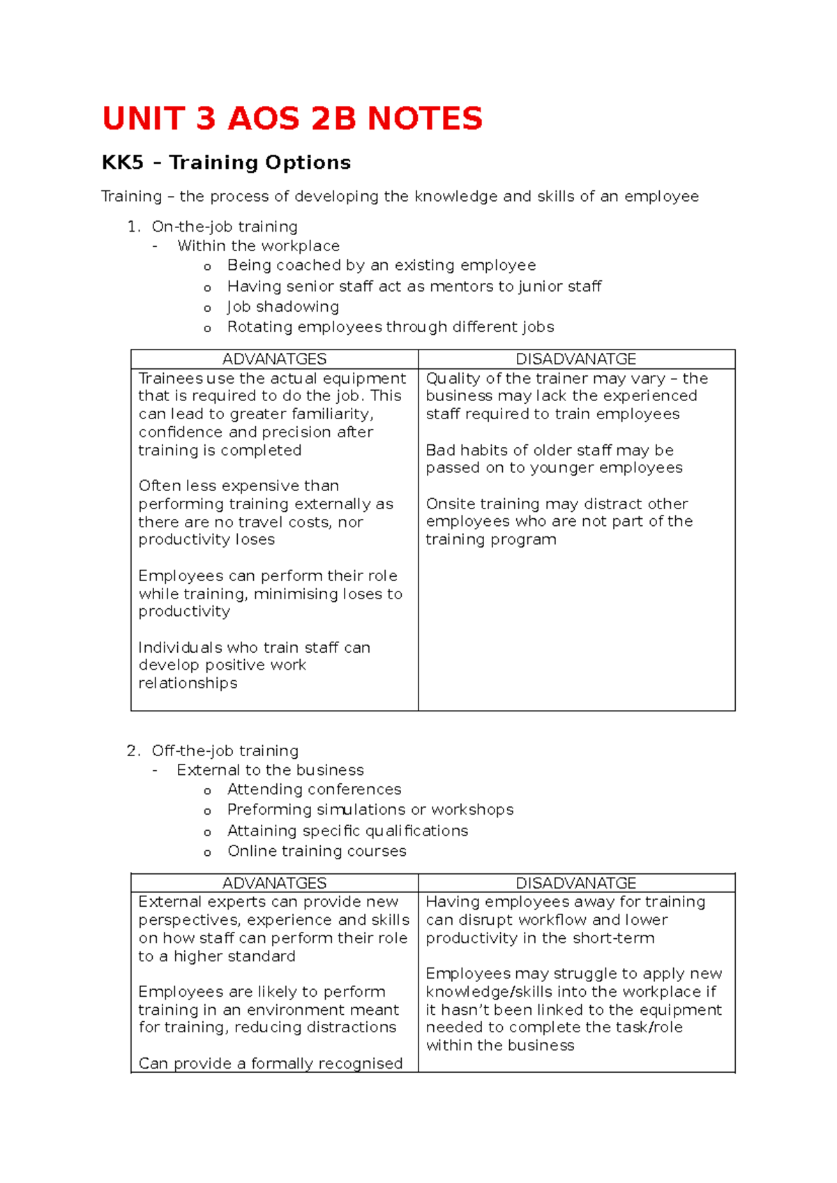 UNIT 3 AOS 2B Notes on Training Options & Performance Management - Studocu