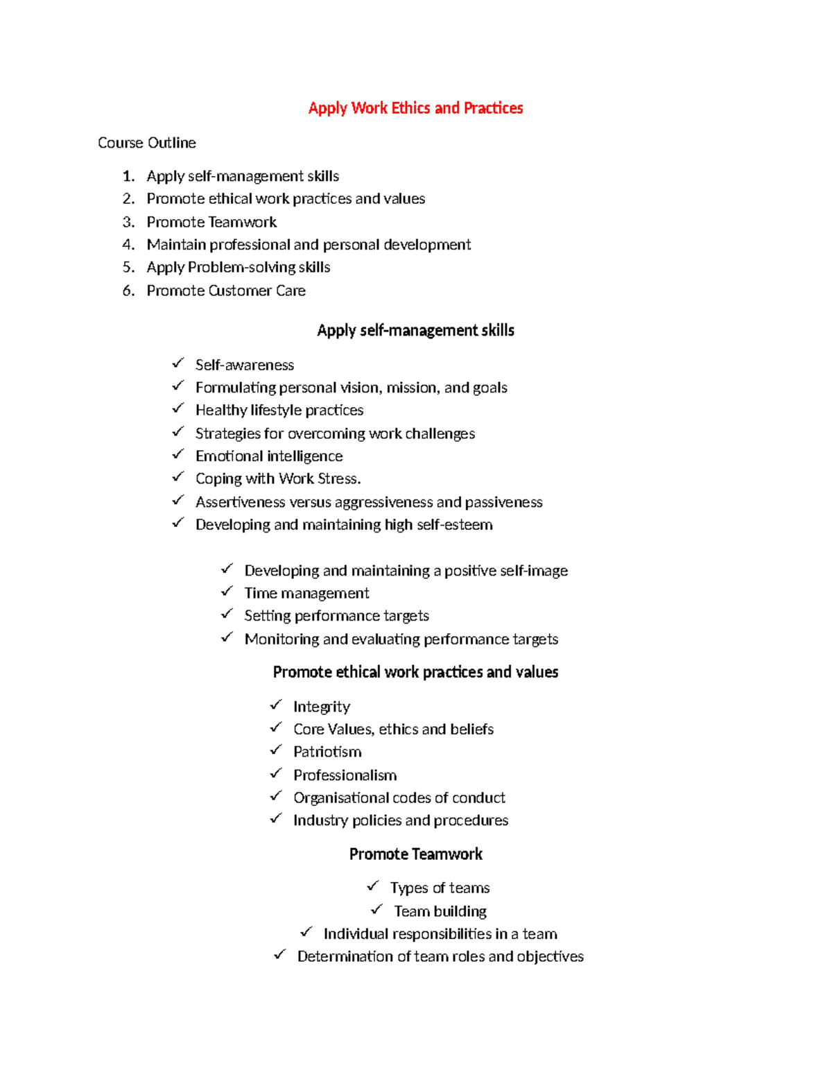 Apply Work Ethics and Practices - Comprehensive Course Outline - Studocu