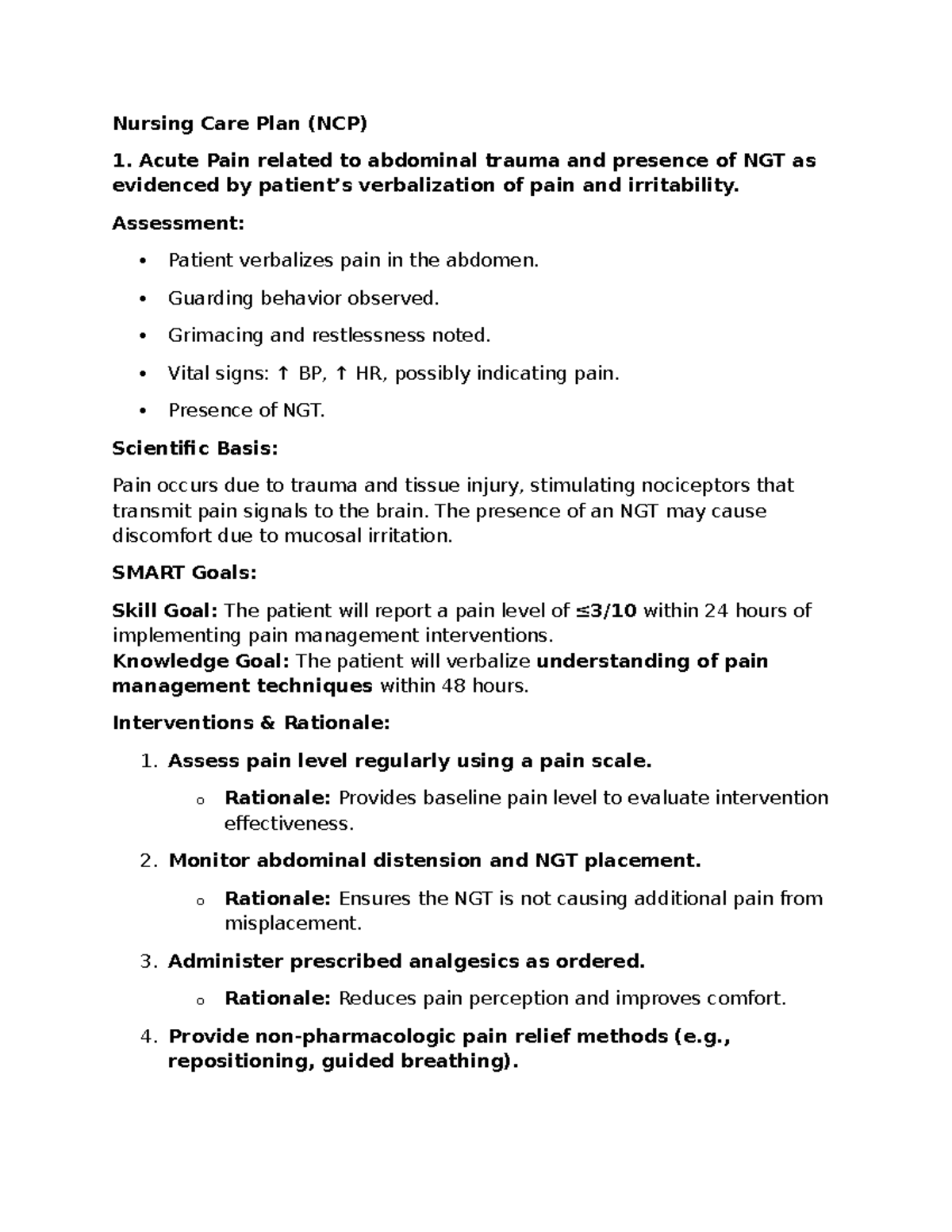 Nursing Care Plan (NCP) for Acute Pain & Mobility Issues (Genward 4 ...