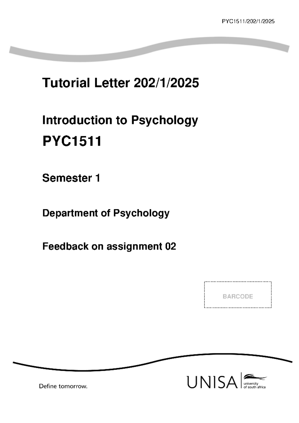 PYC1511 Semester 1 Tutorial Letter: Feedback on Assignment 02 - Studocu