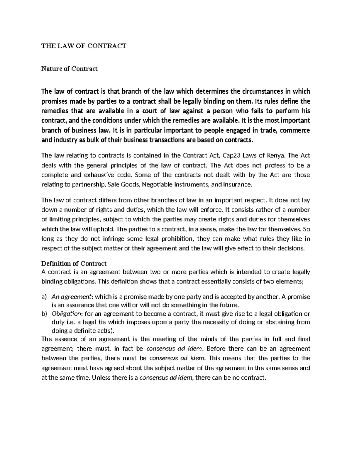 THE LAW OF CONTRACT: Key Principles and Classifications (LAW 101) - Studocu