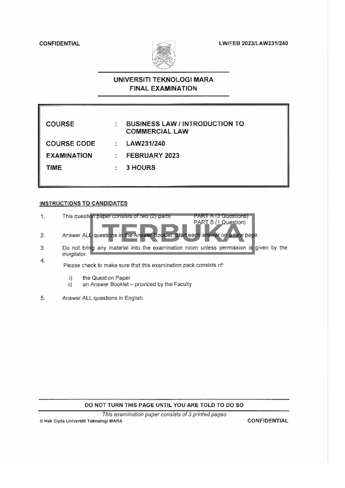 LAW 240 - February 2023 Final Exam Questions on Business Law - Studocu