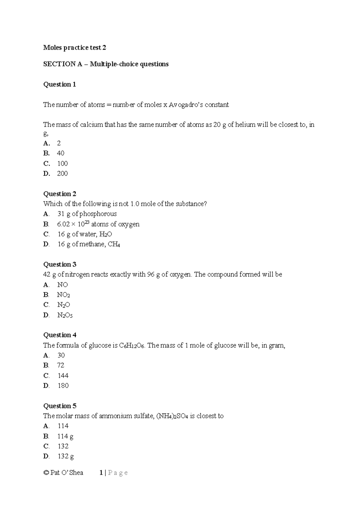 Moles Practice Test 2 - Mole Concepts and Calculations - Studocu