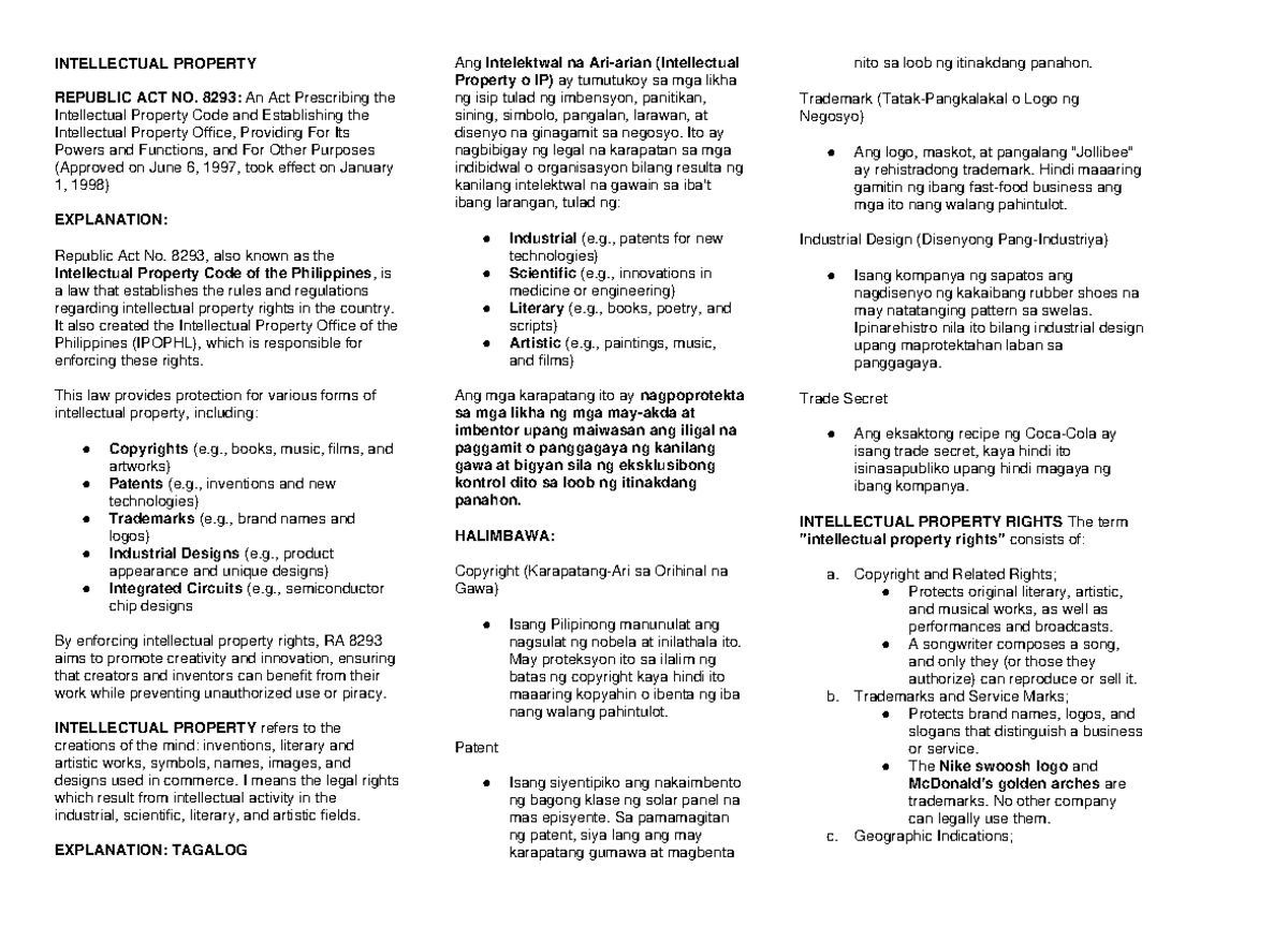 INTELLECTUAL PROPERTY CODE OF THE PHILIPPINES (RA 8293) OVERVIEW - Studocu