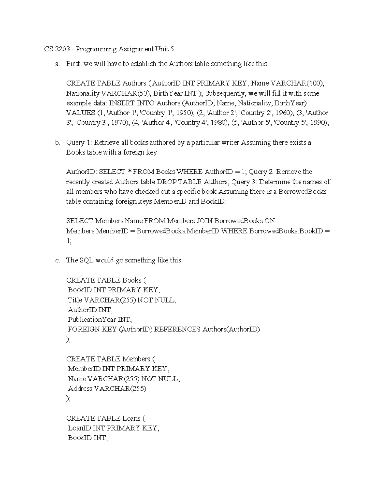 CS 2203 Programming Assignment Unit 5: SQL Table Operations and Queries ...