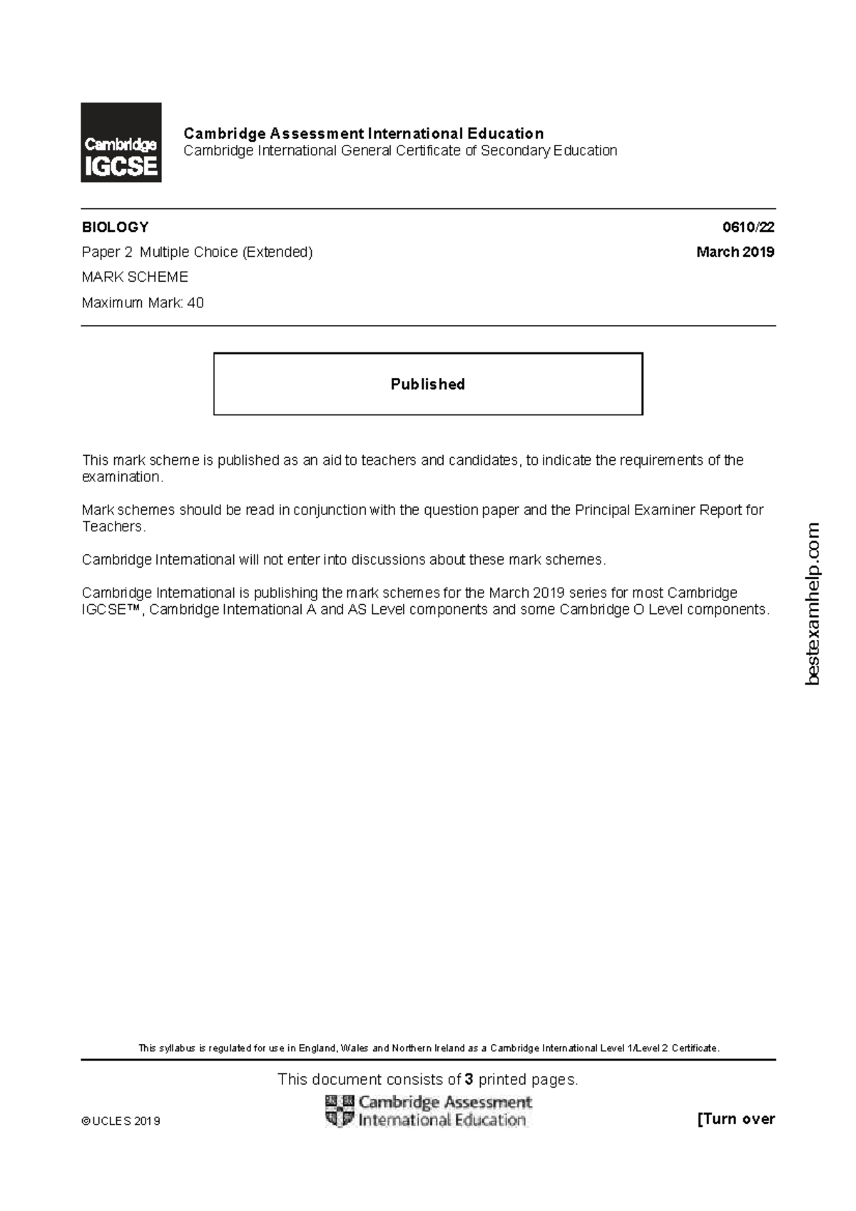 Cambridge IGCSE Biology Paper 2 MCQ Mark Scheme - March 2019 - Studocu
