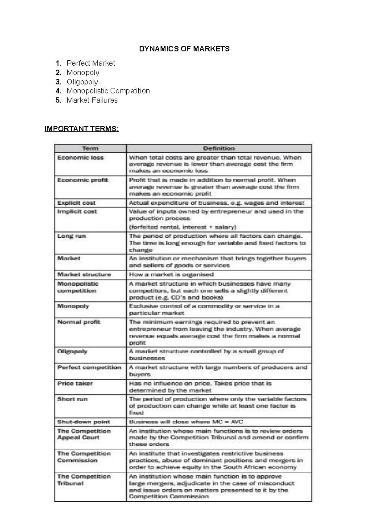 Dynamics of Markets: Week 1-2 Overview on Market Structures - Studocu