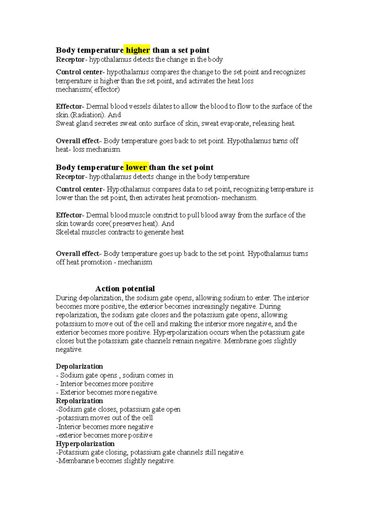 Body temperature homeostasis document - Body temperature higher than a ...