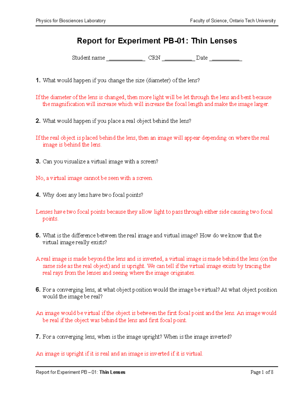 Physics for Bioscience Lab Report 1 Lenses - Report for Experiment PB ...
