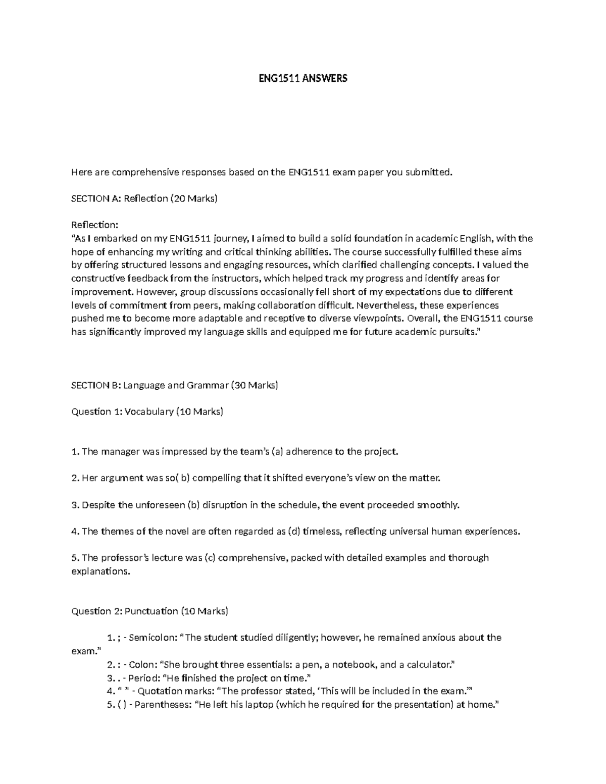 ENG1511 Final Exam - Comprehensive Answer Notes and Reflections - Studocu