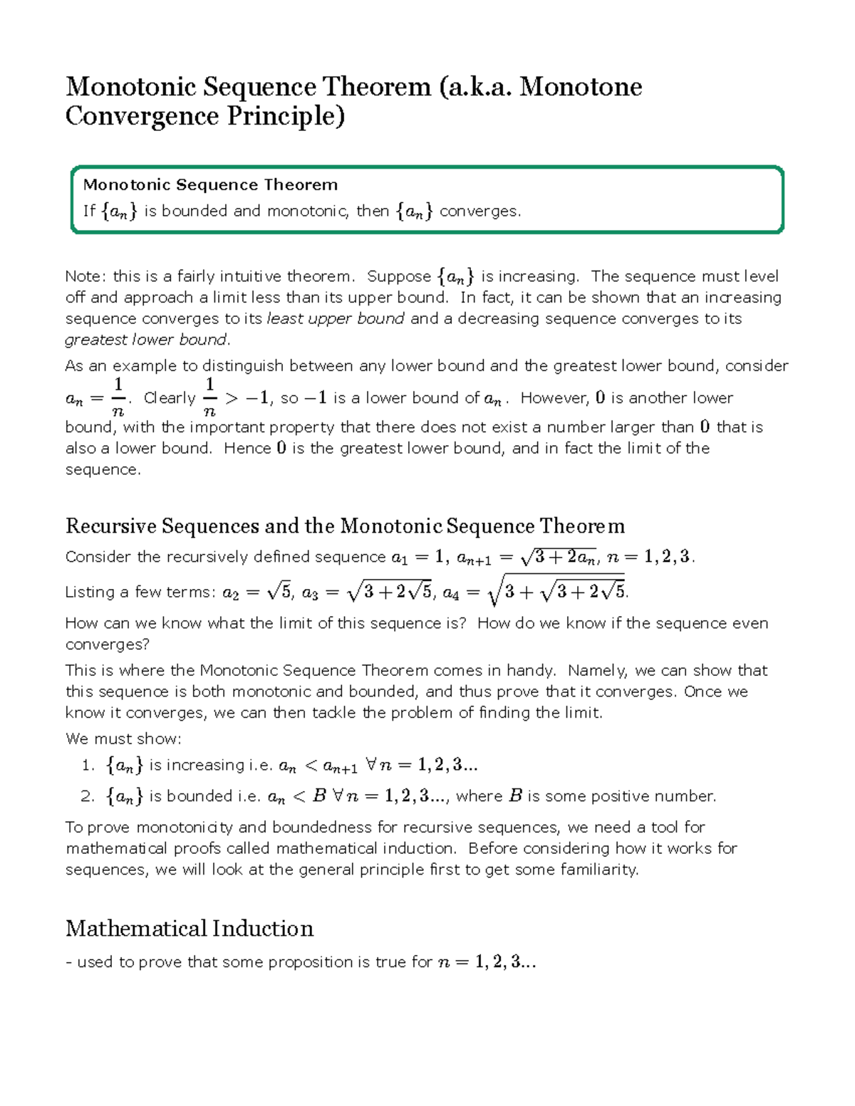 Monotonic Sequence Theorem and Induction Techniques in Analysis - Studocu