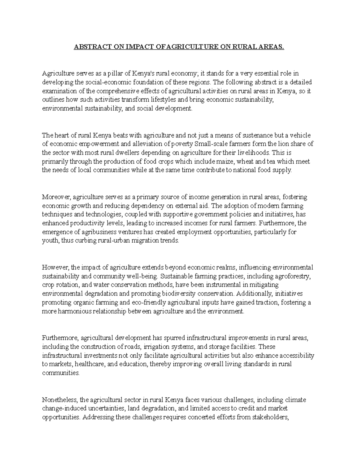 Abstract on the Impact of Agriculture on Rural Areas in Kenya - Studocu