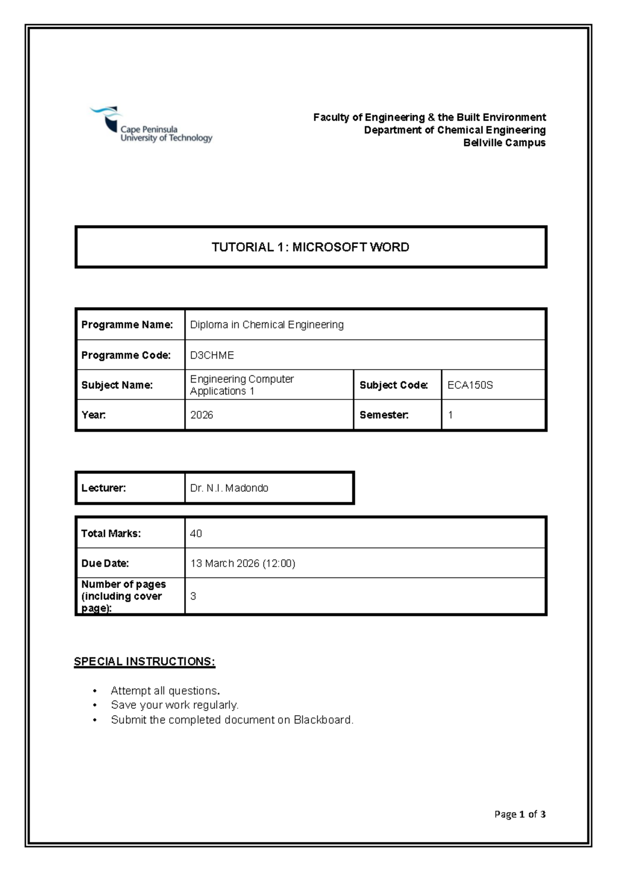ECA150S Tutorial 1: Microsoft Word Processing Guide - Studocu