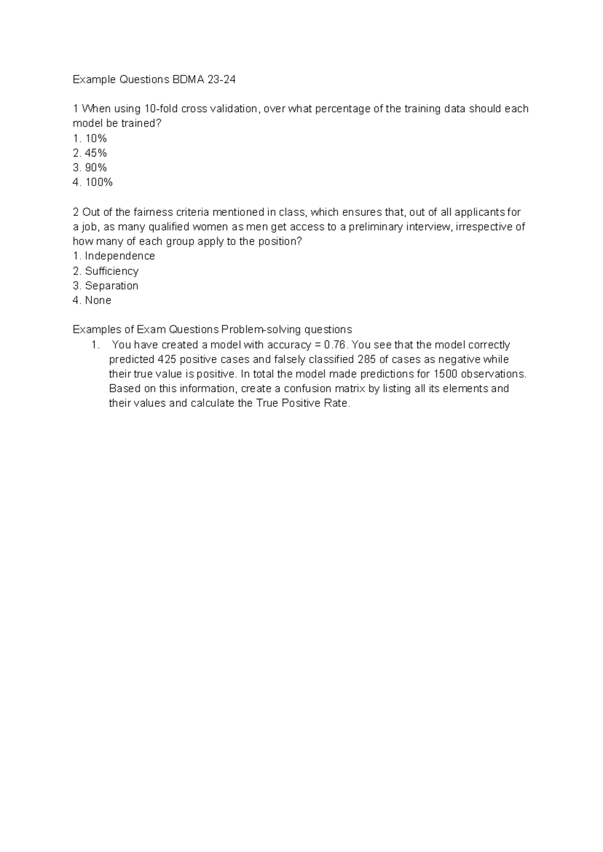 Example Questions for BDMA 23-24 Midterm Exam Preparation - Studeersnel