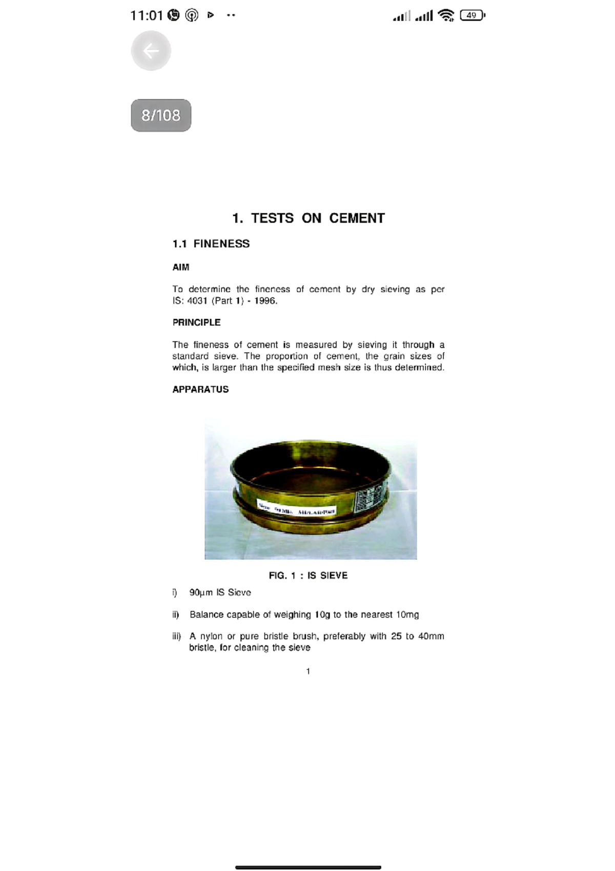 Cement tests procedures - 11:01 Q 49 1. TESTS ON CEMENT 1 FINENESS AIM ...