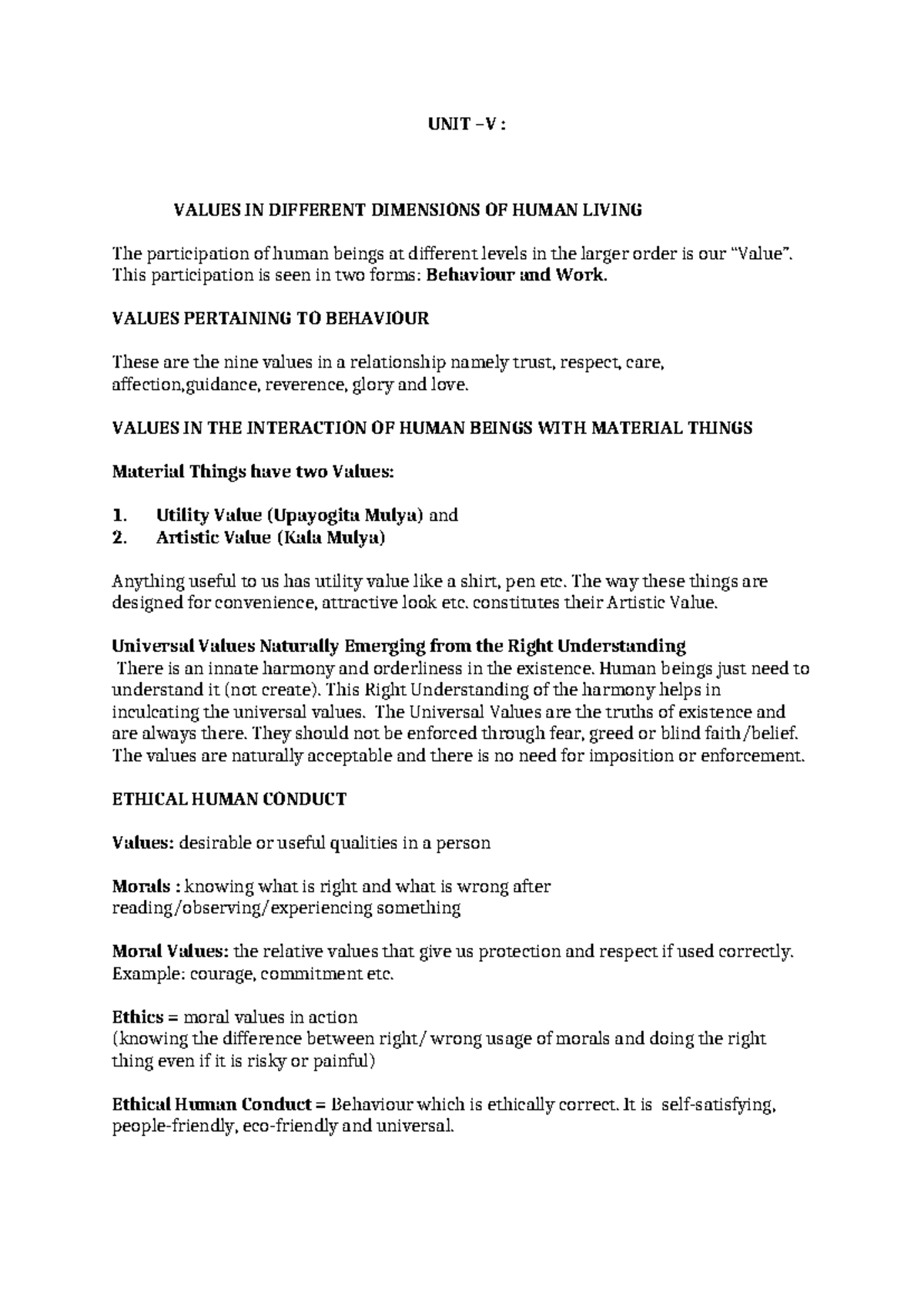 UNIT V UHV: Values in Human Living Dimensions - Studocu