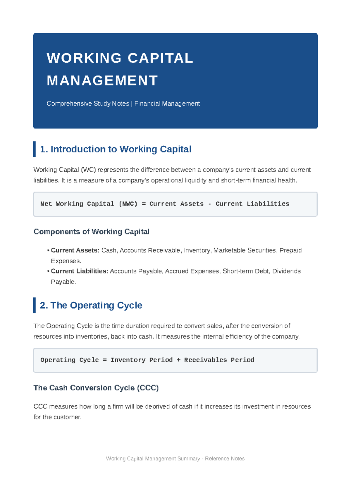 FIN 101: Working Capital Management Comprehensive Study Notes - Studocu