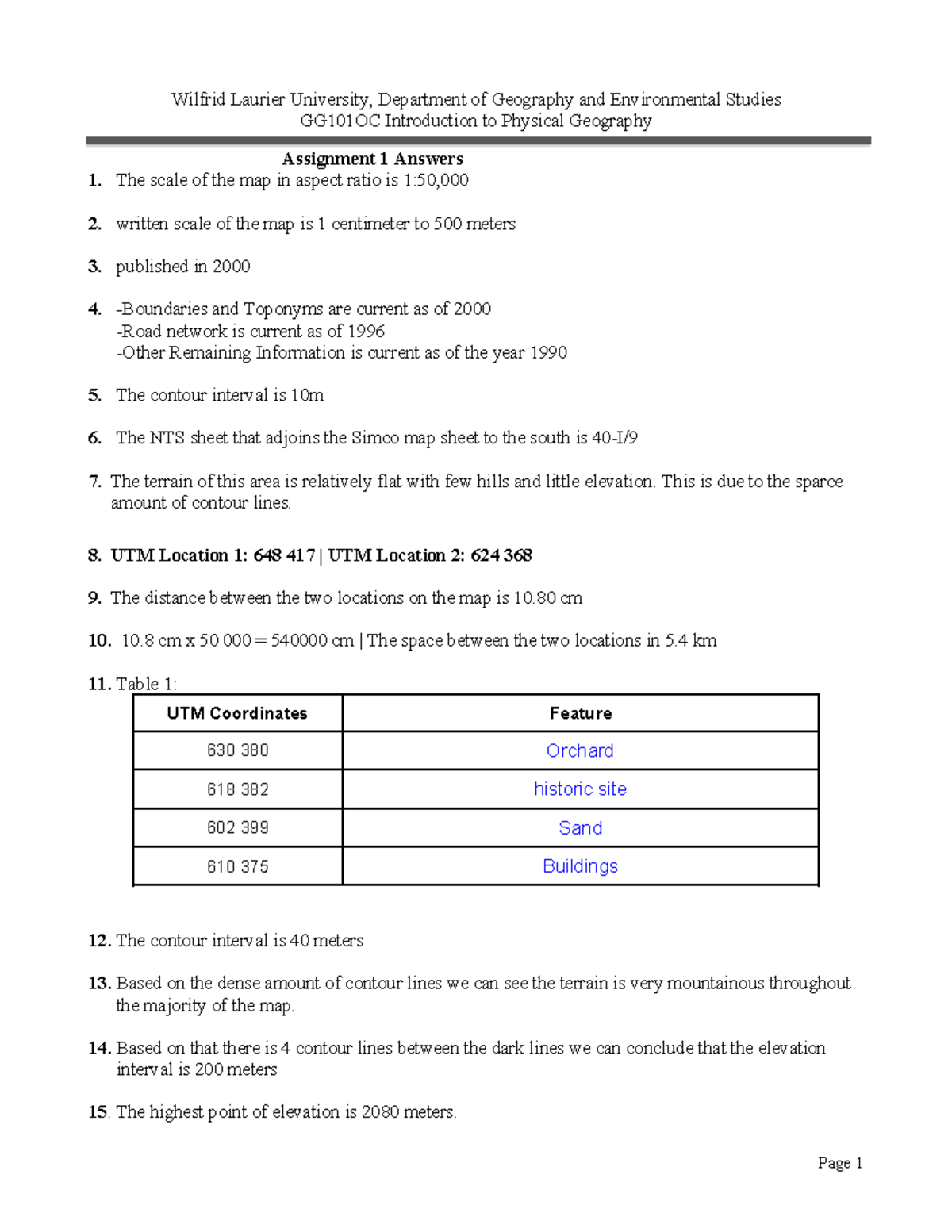 Assignment 1 Answers - Wilfrid Laurier University, Department of ...