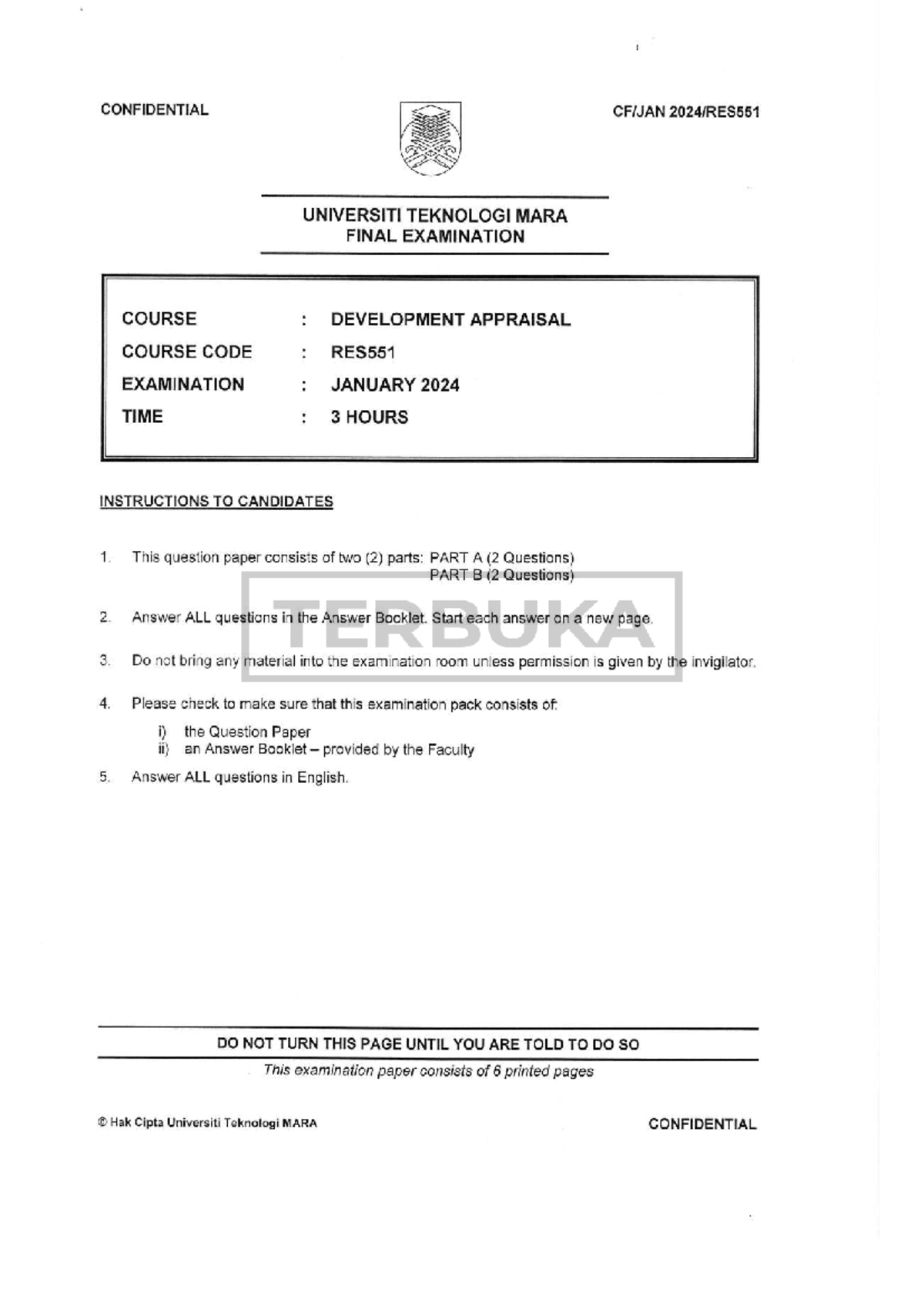 RES551 Final Exam: Development Appraisal January 2024 Examination Paper ...