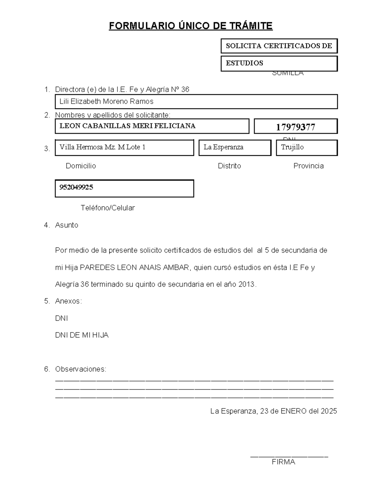 Formulario Único de Trámite para Certificados de Estudios FYA - Studocu