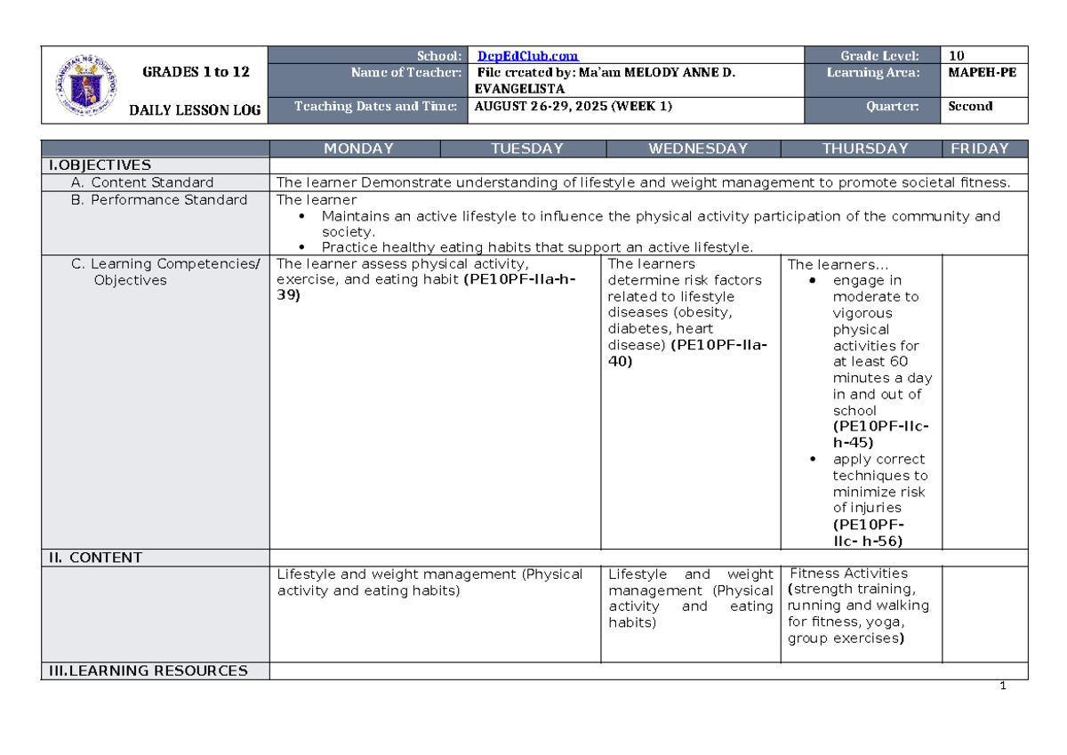 DLL MAPEH-PE 10 Q2 W1 - Daily Lesson Log for Grade 10 Fitness - Studocu