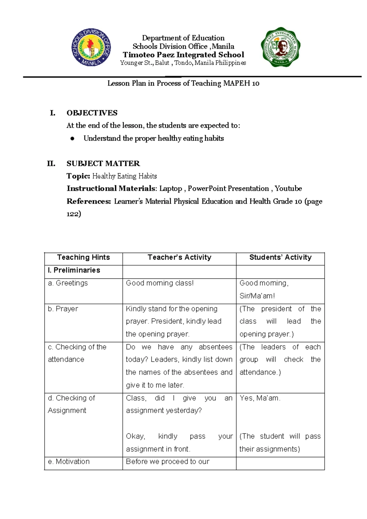 Lesson Plan for MAPEH 10: Healthy Eating Habits and Nutrition - Studocu