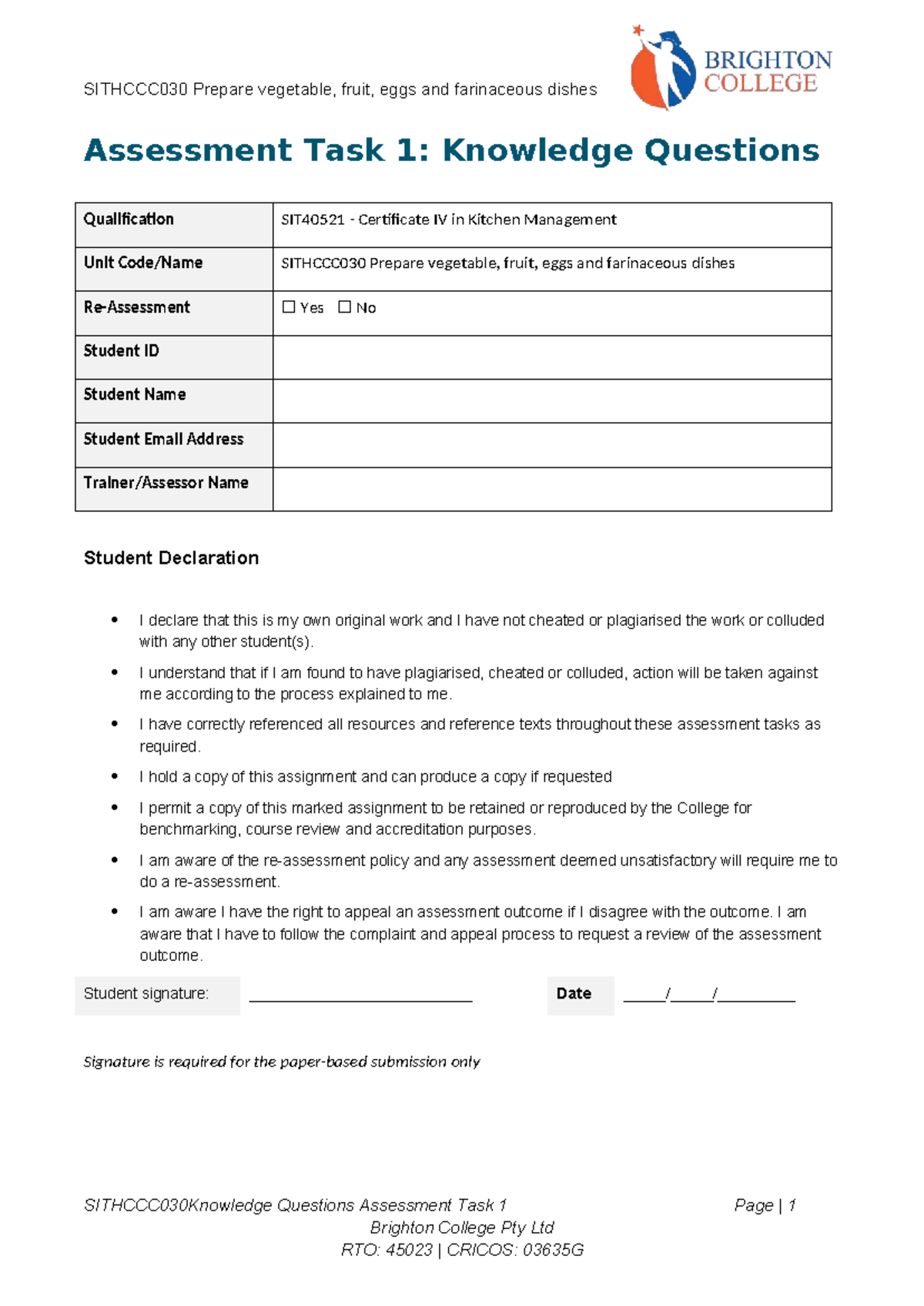 SIT40521 Certificate IV in Kitchen Management: AT1 Knowledge Questions ...