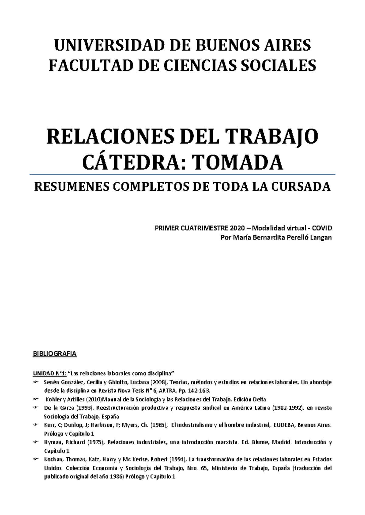 Resumen Completo de Relaciones del Trabajo - Cátedra Tomada 2020 - Document Preview