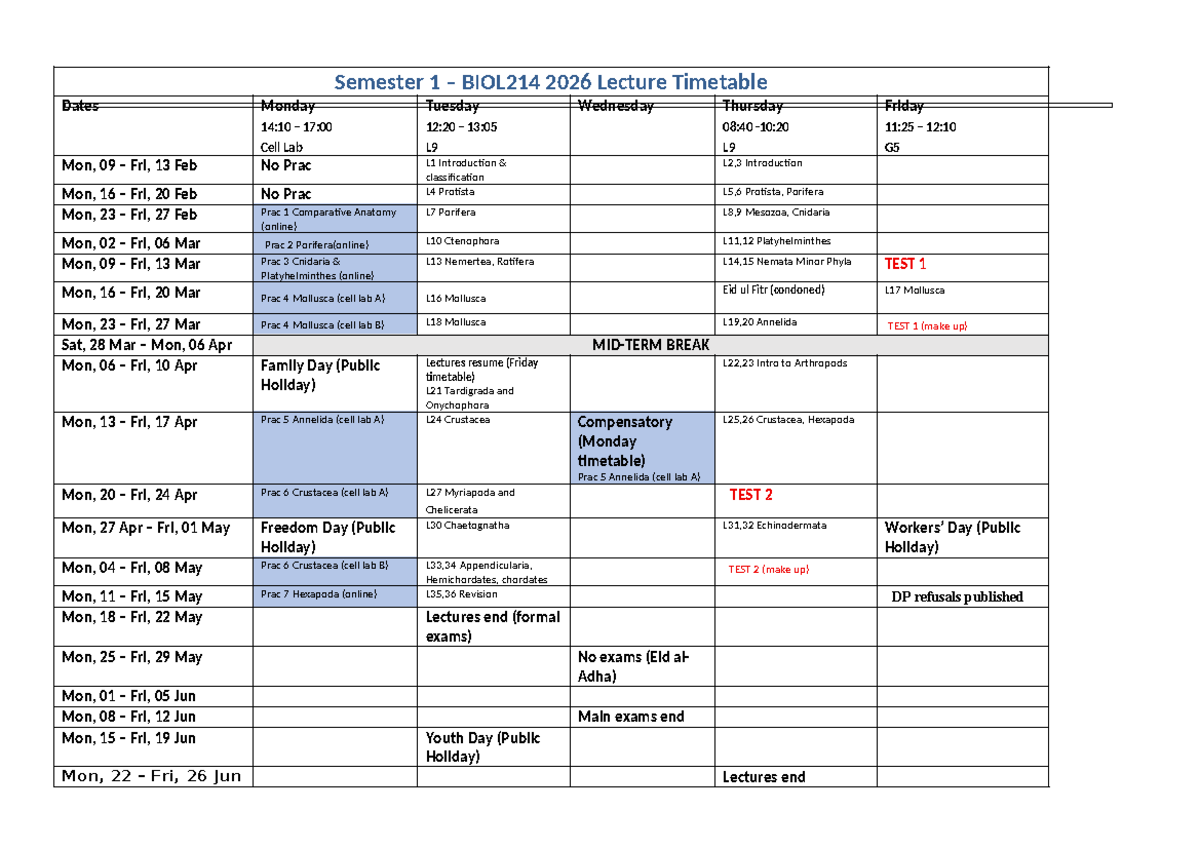2026 BIOL214 Lecture Timetable and Important Dates - Studocu
