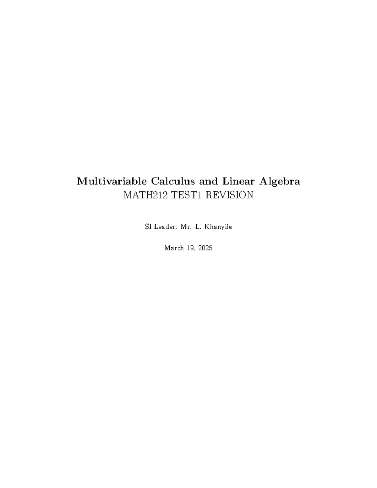 MATH212 Multivariable Calculus & Linear Algebra Test 1 Revision - Studocu
