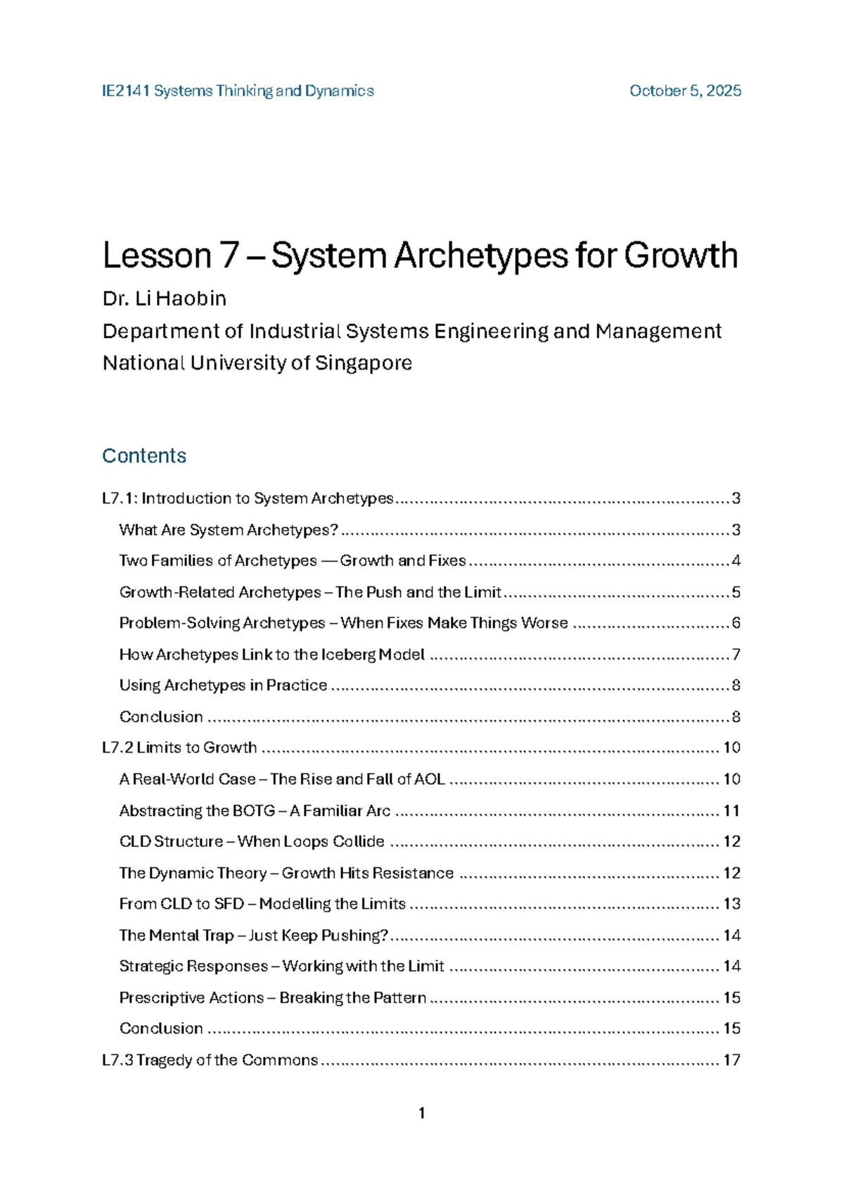 IE2141 Systems Thinking and Dynamics: Lesson 7 - System Archetypes for ...