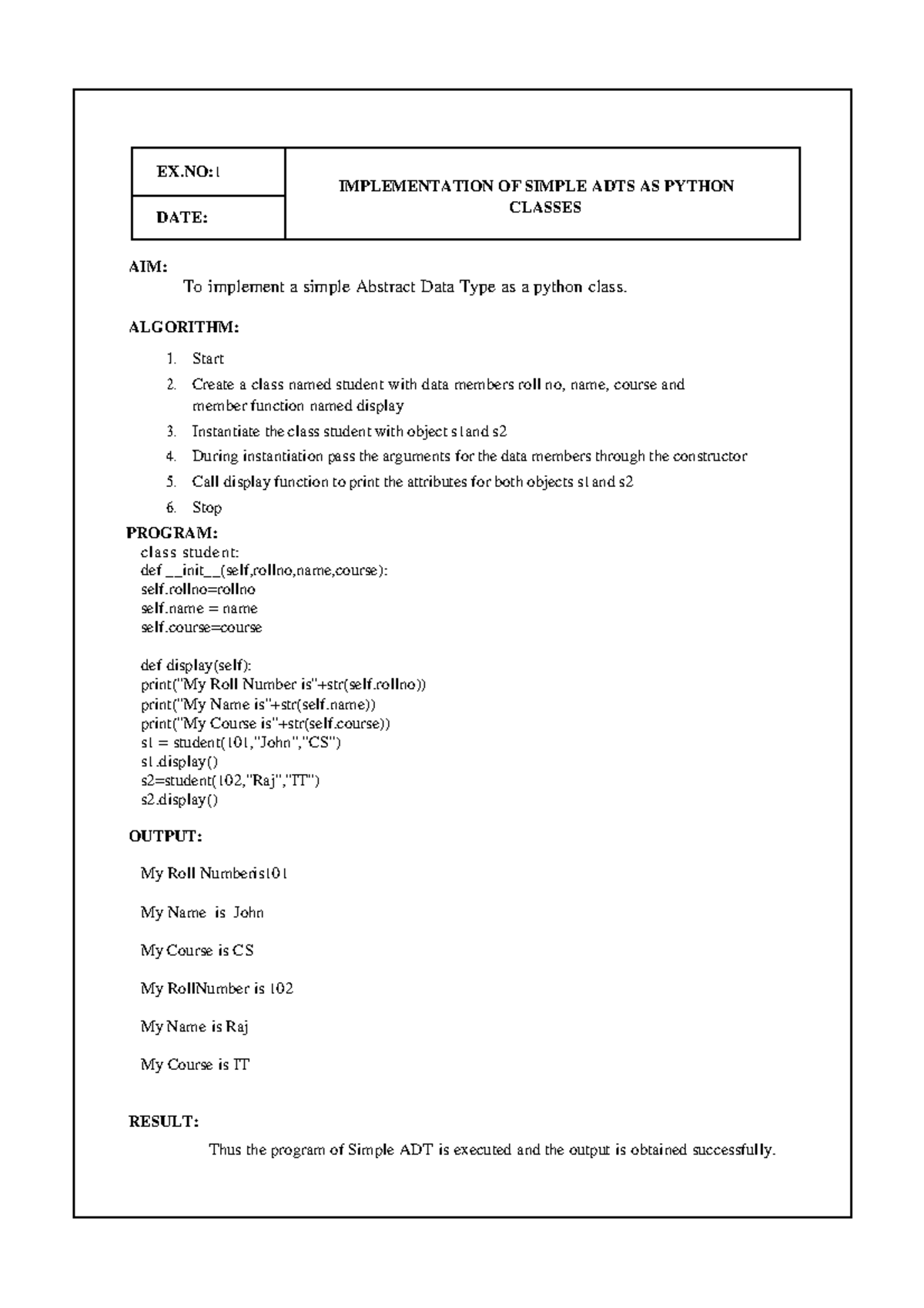 DS Record - AIM: To implement a simple Abstract Data Type as a python ...