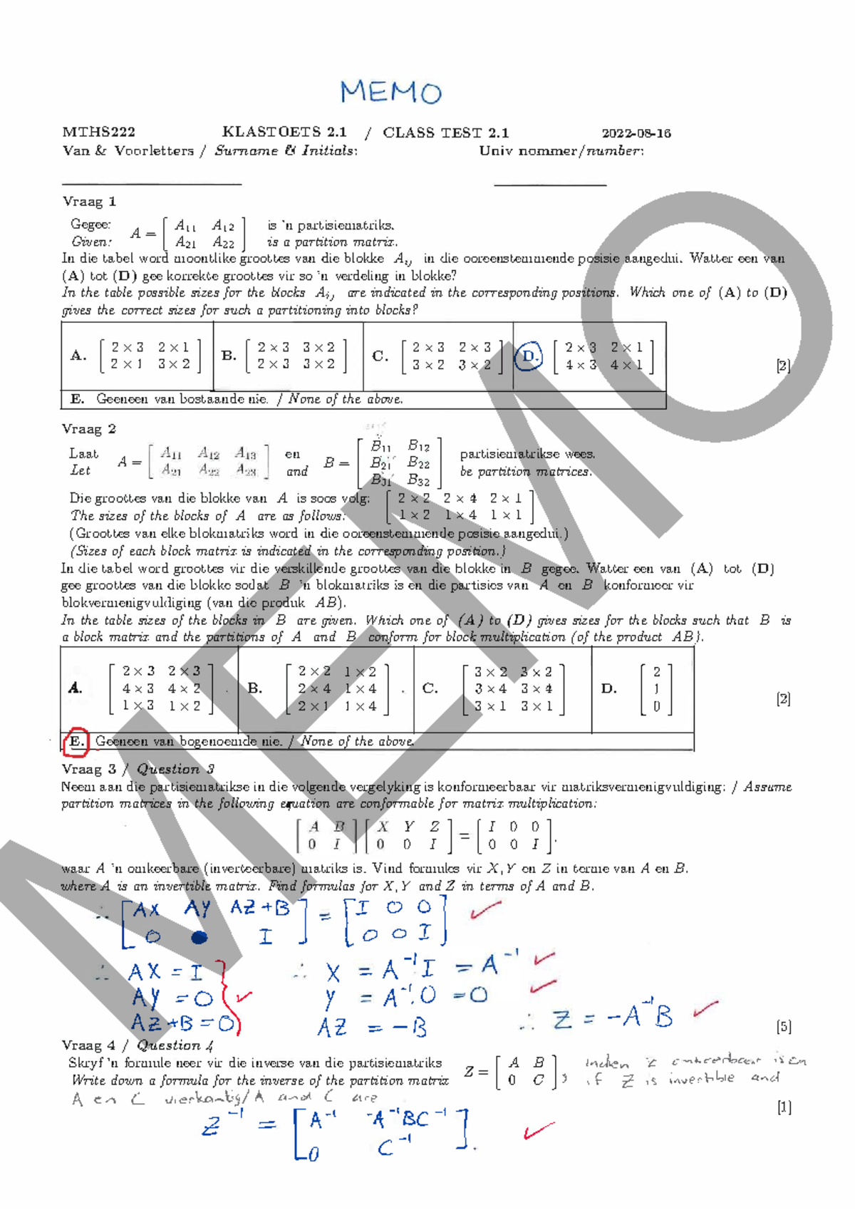 MTHS222 Class Test 2.1 with Solutions and Explanations - Studocu