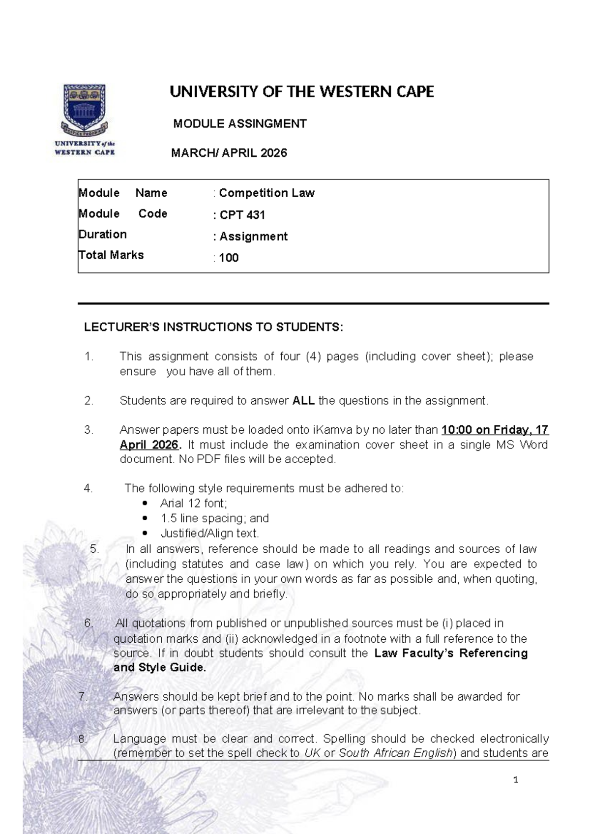 CPT 431 Competition Law Module Assignment Guidelines - April 2026 - Studocu