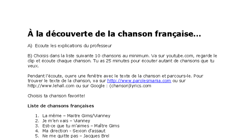 À la découverte de la chanson française SLOD - Évaluation et Activités ...