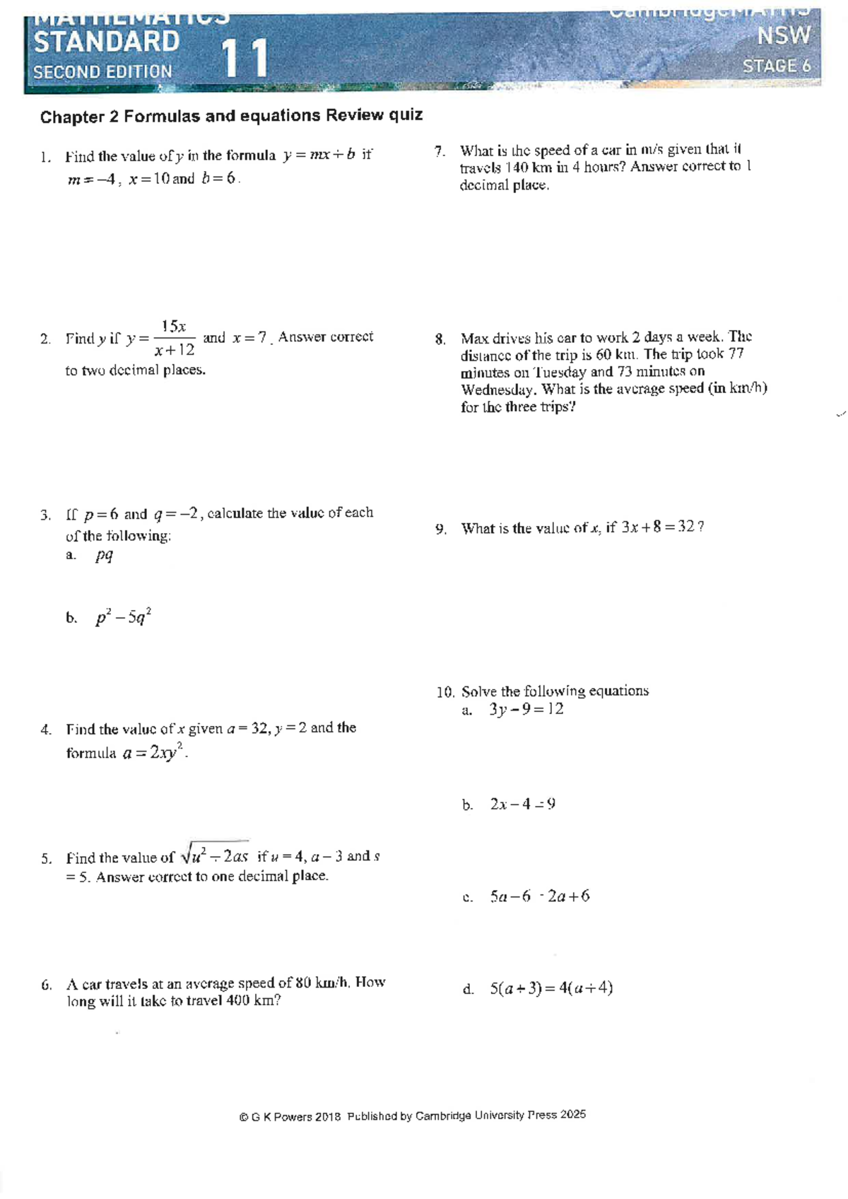 MST 11 Formulas and Equations Revision Worksheet - Studocu