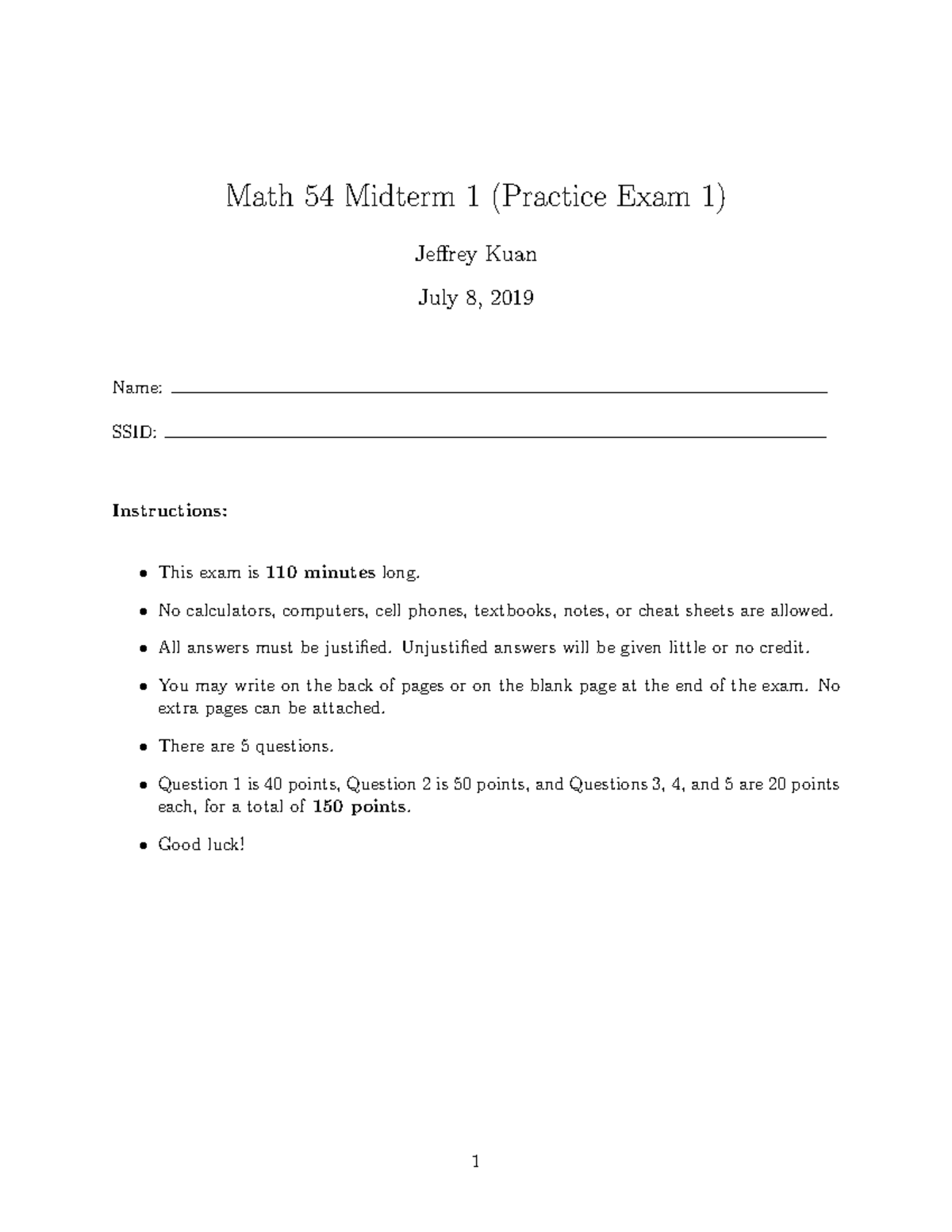 Math 54 Midterm 1 Practice Exam Questions and Guidelines - Studocu