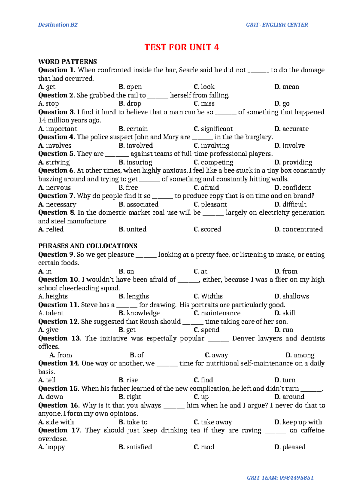 Destination B2 ENGLISH CENTER UNIT 4 TEST: WORD PATTERNS - Studocu
